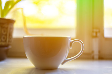 close up hands colding coffee cup in the morning near window f