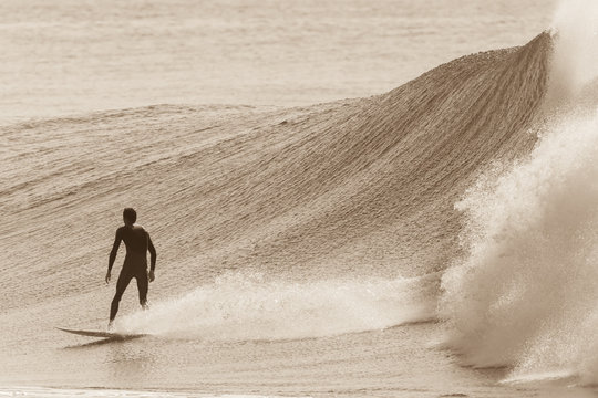 Surfer Rear View Surfing Sepia Wave Action