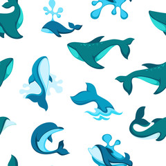 Ocean water and dolphin animals seamless pattern vector.