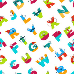 Funny alphabet of cartoon characters for kids design seamless pattern.