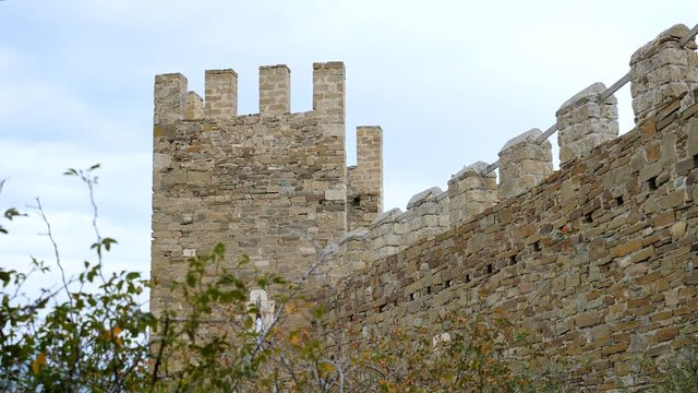 Ruins of an ancient medieval fortress built by the Republic of Genoa in the fourteenth century. Close up.