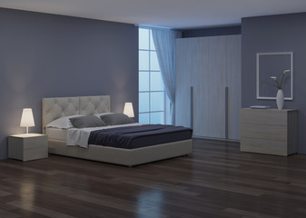 Bedroom interior design. Night lighting. 3D rendering.
