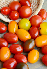 Tomato Varieties ,Type and color mixed together in basket on wooden floor.
A lot kind and different color of tomatoes.