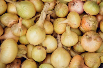 Red onions in plenty on display at local farmer's market. Big Red Onions Background