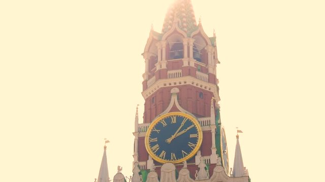 Kremlin chiming clock on the Spasskaya Tower. Moscow. Russia.
