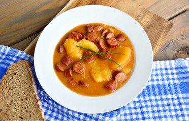 Potato Goulash with Sausage (German name is kartoffel wurst gulasch)
European food menu.