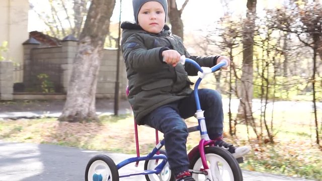 Cute kid child, boy, rides with a tricycle in the park