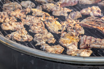 Chef fries meat on the grill in nature