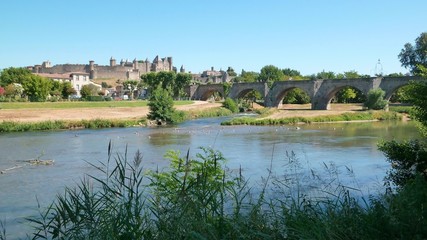 Fototapeta na wymiar Vue sur la cité de Carcassonne et le Pont Vieux sur l'Aude (France)
