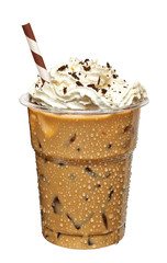Iced latte or coffee with cream in togo or takeaway cup isolated on white background. 