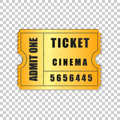 Realistic gold cinema ticket isolated object on transparent background. Cinema, theater, concert, movie, performance, party, event festival ticket template. Admit one. Vector Illustration
