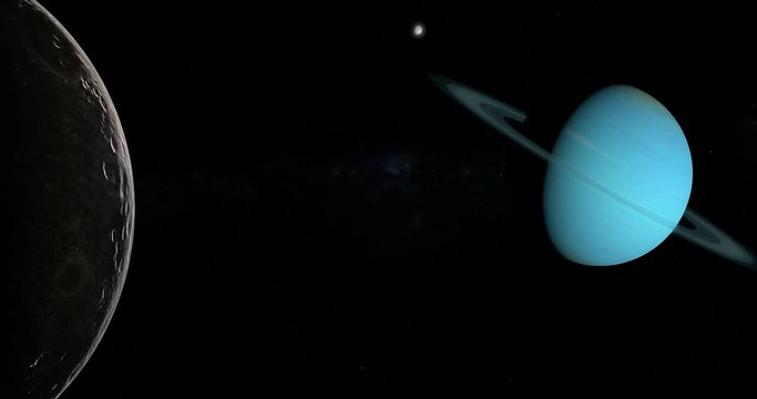 Satellite Umbriel orbiting around Uranus planet in the outer space