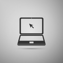 Laptop with cursor icon isolated on grey background. Flat design. Vector Illustration