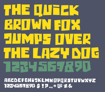 Funny square bold font with numbers. Vector alphabet.