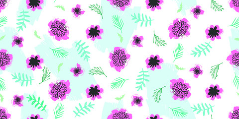 Florals Ornament with Palm Leaves and Flowers on Brush Strokes Background .Illustration for Surface , Invitation , Notebook, Banner , Wrap Paper ,Textiles, Cover, Magazine ,Postcard 