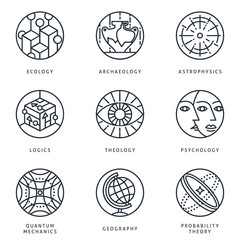 Illustrations and logo templates of science areas. Ecology, Archaeology, Astrophysics, Logic, Theology, Psychology, Quantum Physics, Geography, Probability theory. Detailed vector icons set.