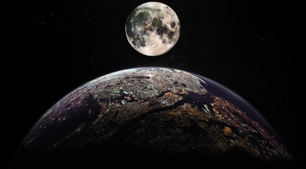 Full moon above the metropolitan area of New York City. Collage image with huge NY city on the planet Earth and stars of universe at the outer space. Elements of this image furnished by NASA.