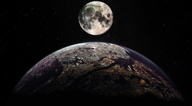 Full moon above the metropolitan area of New York City. Collage image with huge NY city on the planet Earth and stars of universe at the outer space. Elements of this image furnished by NASA.