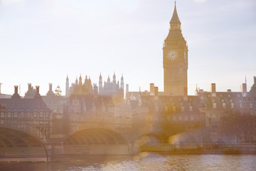 London, UK. Multiple exposure image of Westminster bridge at sunset.