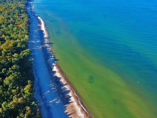 Aerial view on landscape with sea, sand beach and green forest.