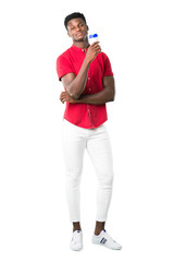Full body of Young african american man taking a coffee in takeaway paper cup and smiling because he will start the day well on white background