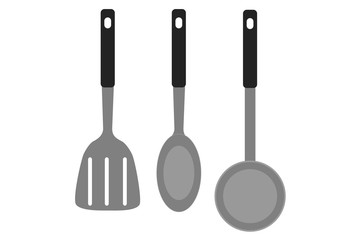Espátula, cuchara, y cucharón de cocina.