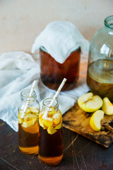 Kombucha mushroom tea, Kombucha. Method of preparation and cocktails in bottles.
