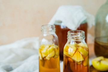 Kombucha mushroom tea, Kombucha. Method of preparation and cocktails in bottles.