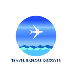 Travel and  outdoor vacation concept illustration vector. Blue sky with airplane and sea wave logo with word travel explore and discover