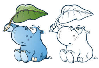  Illustration of a Cute Little Hippo Cartoon Character. Coloring Book. Outline