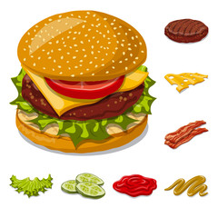 Vector design of burger and sandwich logo. Set of burger and slice vector icon for stock.