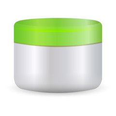 Round white plastic jar with green lid for cosmetics - body cream, butter, scrub, bath salt, gel, skin care, powder. EPS10. Realistic packaging mockup template.