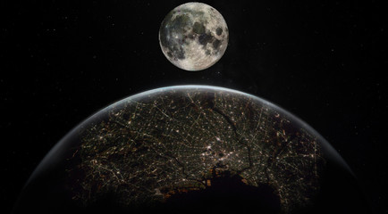 Obraz na płótnie Canvas Full moon above the Tokyo, Japan. Collage image with huge Tokyo city on the planet Earth and stars of universe at the outer space. Elements of this image furnished by NASA.