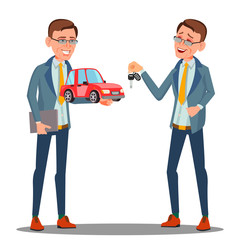 Smiling Insurance Agent Holding A Car In Hand Vector. Isolated Illustration