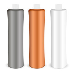 Set of cosmetic bottles for shampoo, gel, liquid soap. Vector mock up plastic packaging for bath care products.