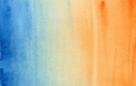 Horizontal gradient from blue to orange watercolor background, wash technique. Bright sky and water watercolour textured concept