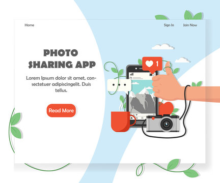 Social photo sharing service website vector design template
