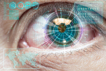 Eye with blue futuristic digital hologram. Biometrics and access concept. Double exposure