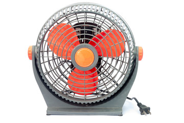 Gray and red mini fan is dirty and dust isolated on white background.