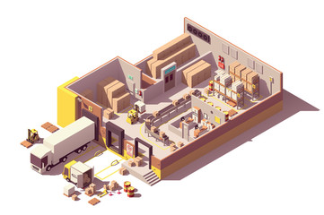 Vector isometric low poly warehouse cross-section