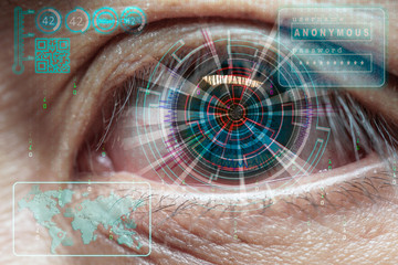 Eye with blue futuristic digital hologram. Biometrics and access concept. Double exposure