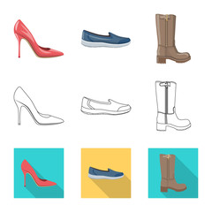 Vector design of footwear and woman logo. Collection of footwear and foot stock vector illustration.
