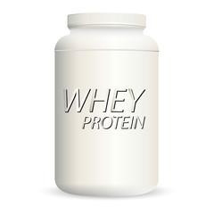Realistic vector sport nutrition container without label. Whey protein and mass gainer white plastic jar isolated on background.