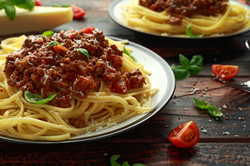 Italian pasta bolognese with beef, basil and parmesan cheese