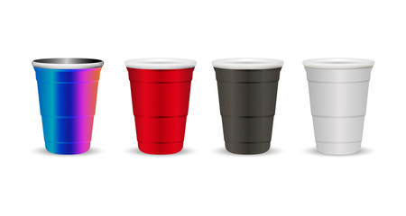 Party cups mock up set realistic 3d vector illustration. Disposable paper, plastic and metallic Cups for drinks and games, celebration.