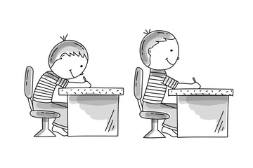 Boy sitting at the desk slouching. Boy sitting at the desk with correct posture. Bad and good kids habits, hand drawn illustration.