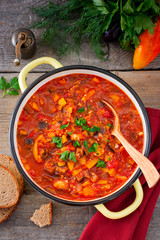 Vegetable gyuvech, a traditional dish for Moldovan, Romanian, Bulgarian cuisine, top view, selective focus