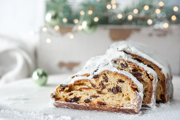 Christmas stollen on white festive background