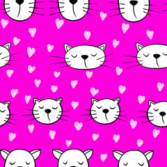 Seamless pattern with cats and heart on purple background. Wallpaper and fabric design.
