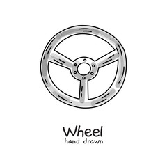 Hand drawn steering wheel on white background, vector illustration.